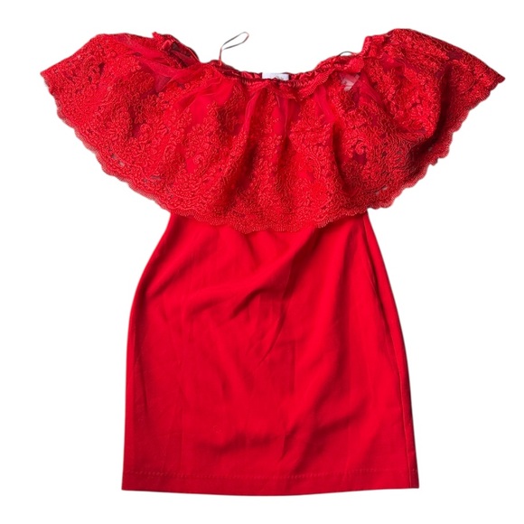 NWT Badgley Mischka Red Lace Off Shoulder Evening Dress Sz 6 - Picture 3 of 8